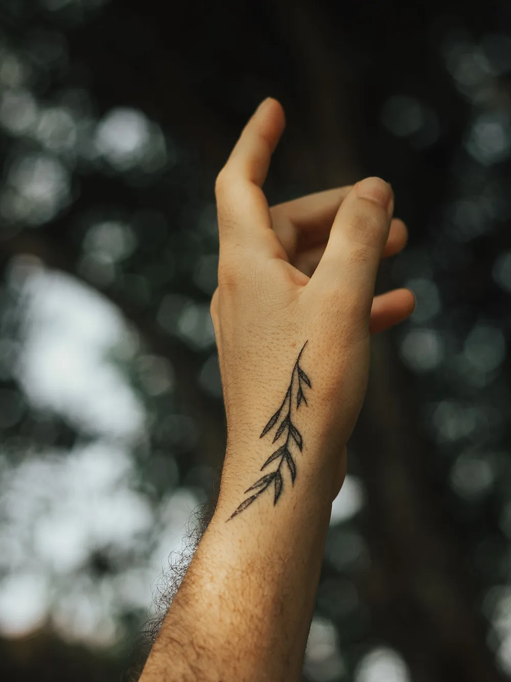 Petit tatouage végétal au trait fin sur une main