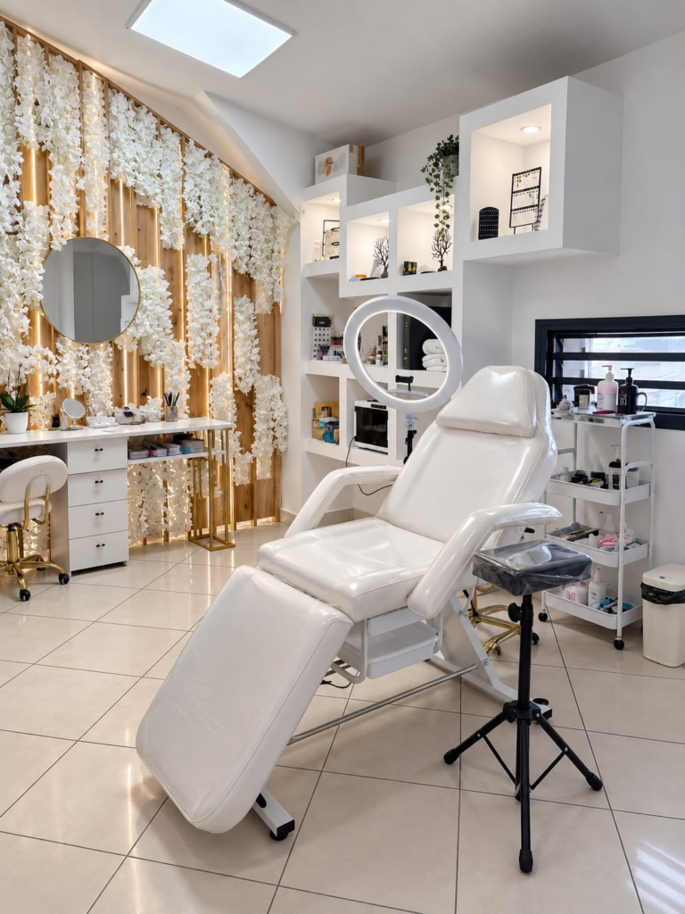 La salle de tatouage et de piercing du studio AUREA Lab : fauteuil, lampe annulaire, étagères